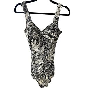 Vintage 60s black Rose Marie Reid Leaf Print one piece Swimsuit floral sz 14